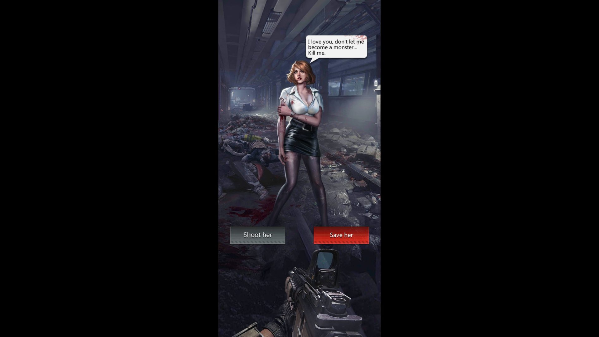 melhores-jogos-de-zumbis-quebra-cabeças-de-sobrevivência Melhores jogos de zumbis - quebra-cabeças e sobrevivência. Uma captura de tela mostra uma mulher dizendo que te ama e pedindo para você matá-la antes que ela se torne um zumbi. As opções são atirar nela ou salvá-la.