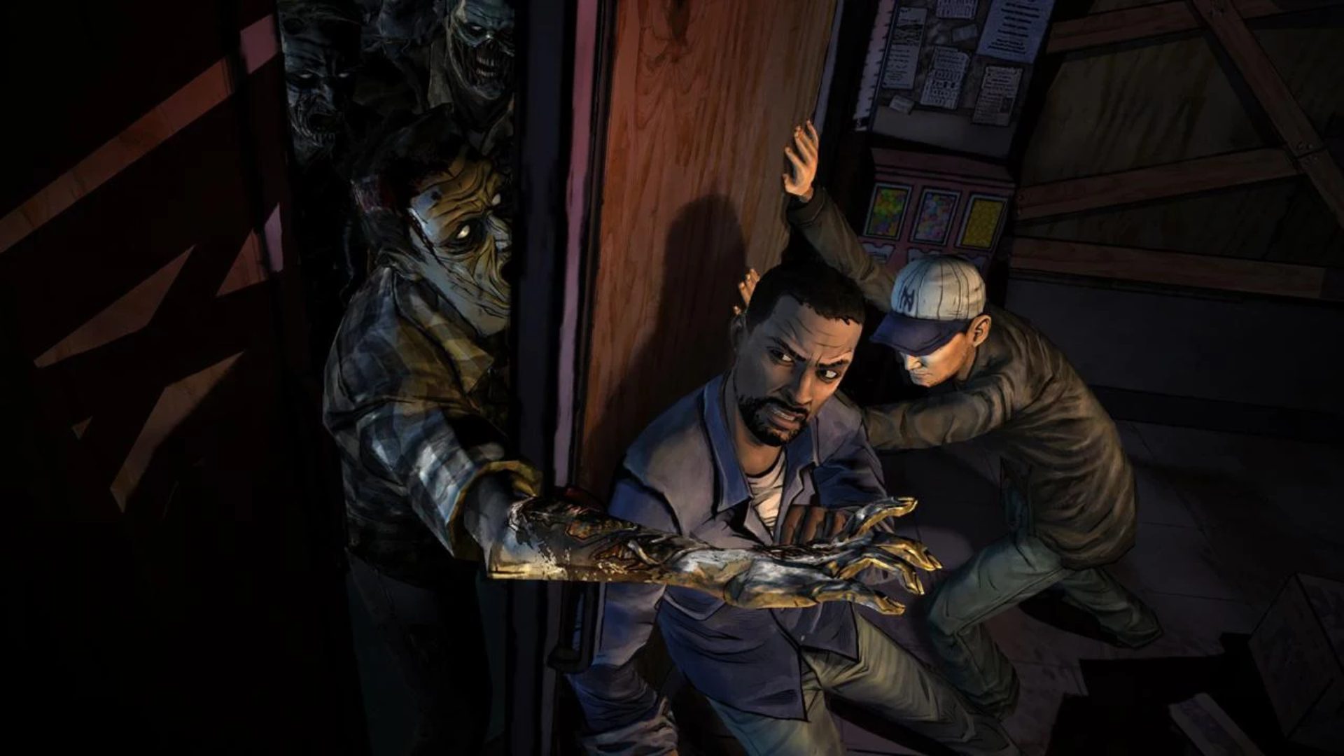 melhores jogos de zumbis os mortos-vivos Melhores jogos de zumbi: The Walking Dead. A imagem mostra pessoas tentando fechar uma porta com zumbis invadindo.