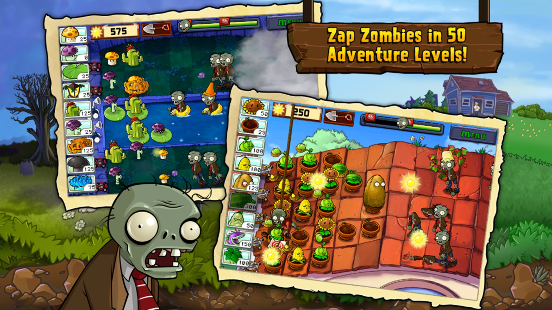 melhores jogos de zumbis plantas vs zumbis Melhores jogos de zumbis: Plants vs Zombies. A imagem mostra um zumbi na frente das cenas do jogo.