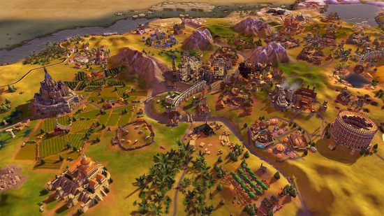 Jogos de construção de cidades: uma captura de tela do Civilization VI mostra uma grande área repleta de edifícios e assentamentos