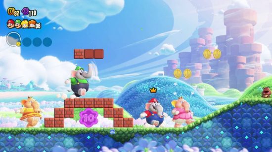 Personagens maravilhosos de Super Mario Bros.: Mario, Luigi, Peach e Daisy, todos percorrem um nível enquanto se transformam em elefantes