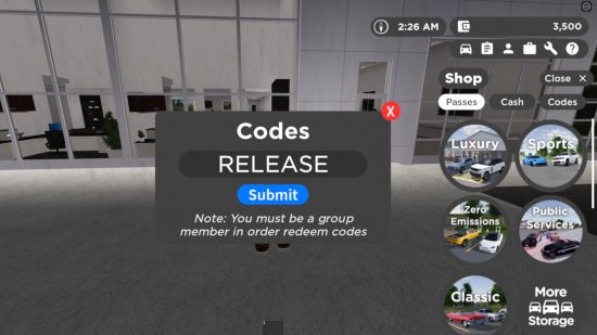 Códigos de Greenville: uma captura de tela da tela de resgate de código em Greenville