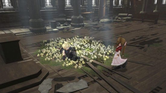 revisão de crise de Final Fantasy Ever 4 Revisão de Final Fantasy Ever Crisis – Cloud sentado em um campo de flores com Aerith olhando para ele