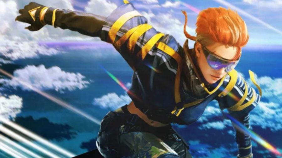 Garena-Free-Fire-Xanye Xanye em movimento com sua roupa amarela e azul e cabelo ruivo do Garena Free Fire