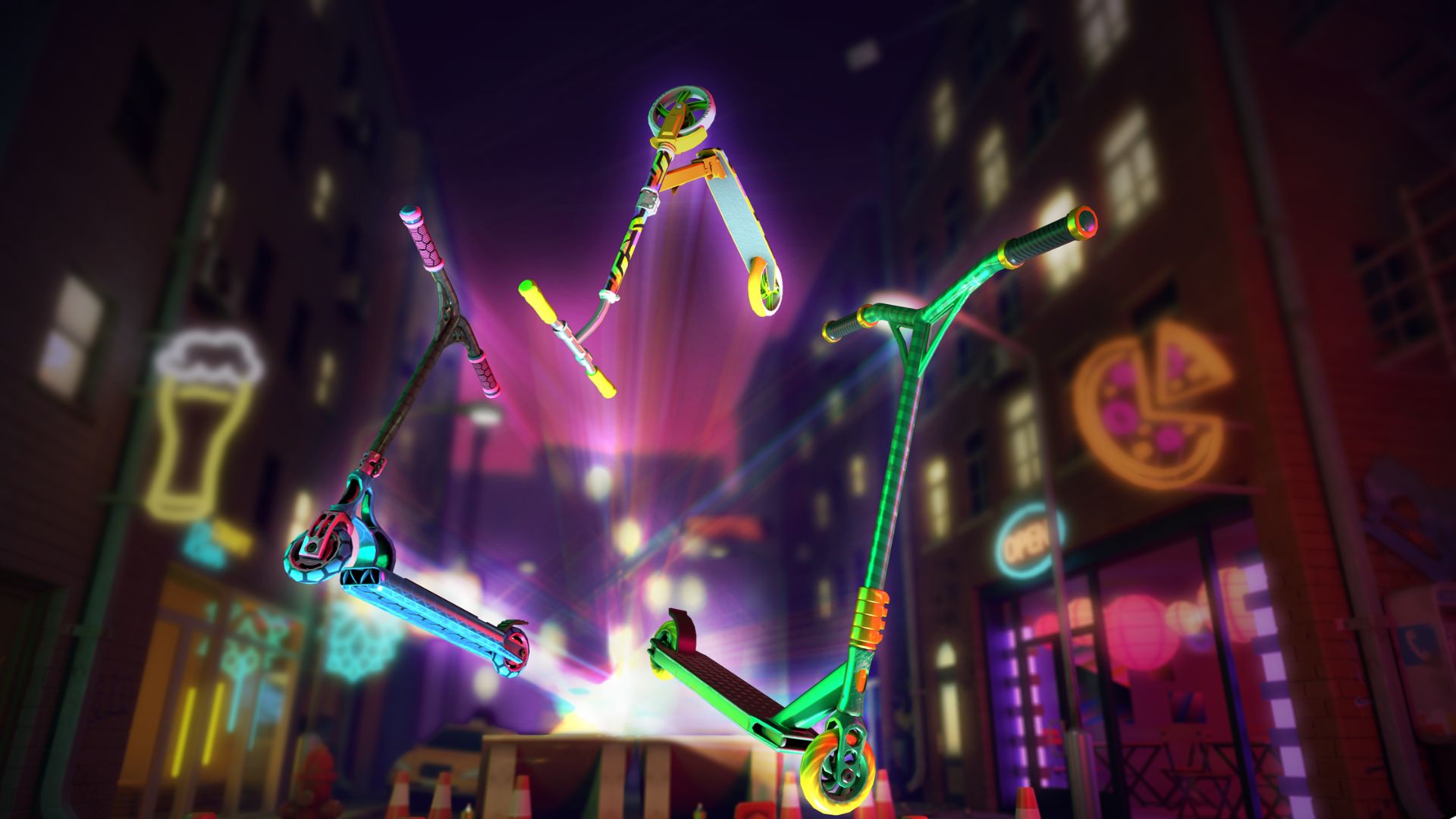 Jogos de scooters - várias scooters flutuando sobrepostas em uma cena noturna desfocada.