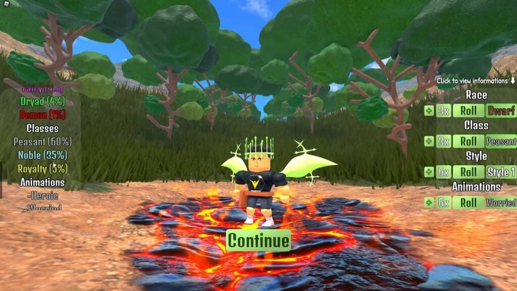 Uma captura de tela da corrida Black Grimoire Odyssey e da tela de rolagem de classe