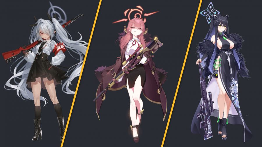 Atacantes da lista Blue Archive Tier Atacantes da lista de níveis do Blue Archive; três personagens atacantes