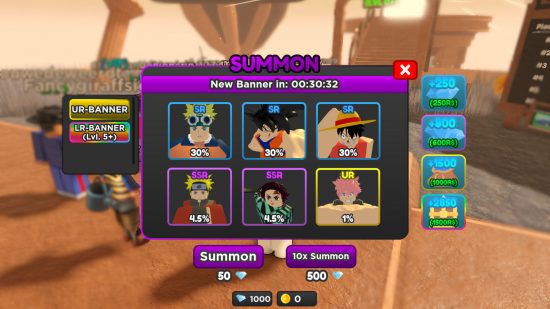 Lista de níveis do Eternal Tower Defense – uma captura de tela da página do banner do gacha