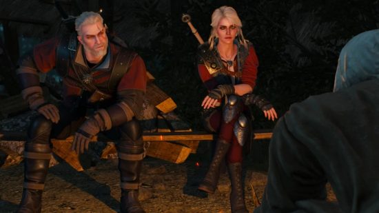 The Witcher 3 Geralt sentou-se com Ciri conversando com alguém em uma fogueira