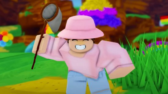 Jogos divertidos do Roblox: um personagem balança uma rede para tentar pegar uma criatura