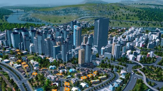 Jogos City Builder: uma captura de tela do Cities Skylines mostra uma série de arranha-céus