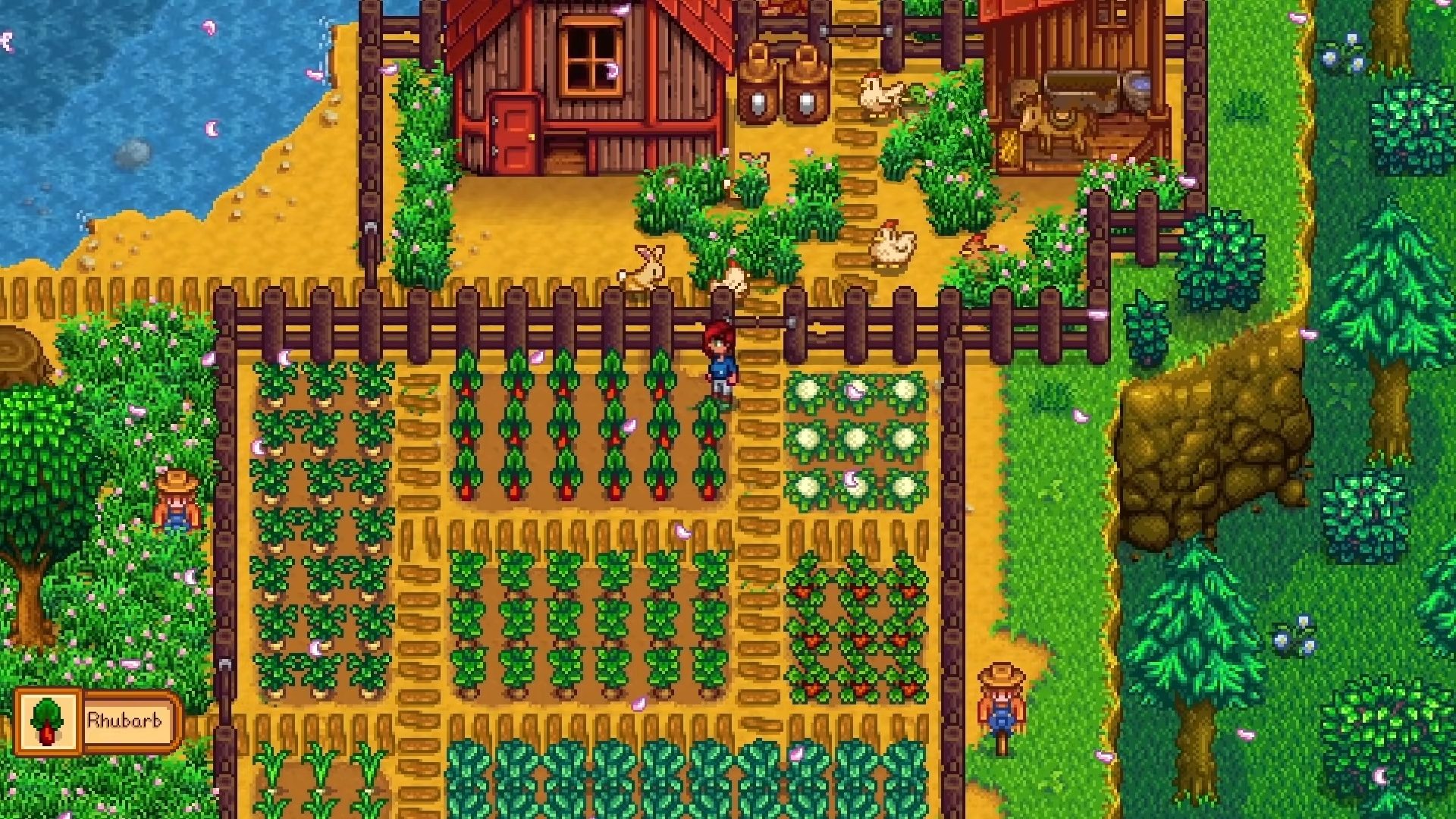 melhores jogos de fazenda-stardew-valley Melhores jogos de fazenda - Stardew Valley. Uma captura de tela mostra um personagem do jogador em meio a muitos tipos de plantações, com sua casa não muito atrás.