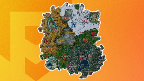 mapa de personagens fortnite Mapa de personagens Fortnite: O mapa do Capítulo 4, Temporada 4, delineado em branco e colado em um fundo amarelo do Pocket Tactics. Os números vermelhos de 1 a 21 indicam a localização dos caracteres na tabela acima