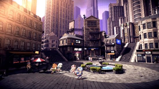 Entrevista com Star Ocean: The Second Story R – quatro personagens pixelados percorrem uma cidade ensolarada