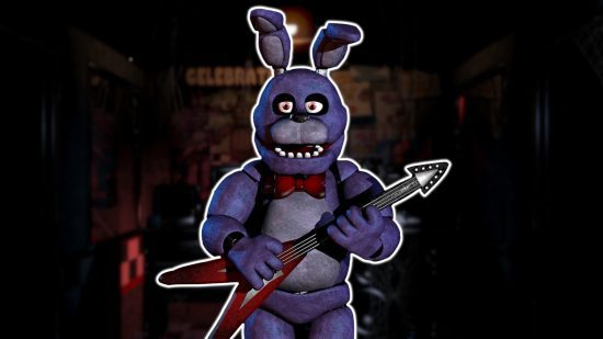 fnaf bonnie 1 FNAF Bonnie: O design original de Bonnie delineado em branco e colado em uma versão borrada do escritório de segurança do FNAF 1
