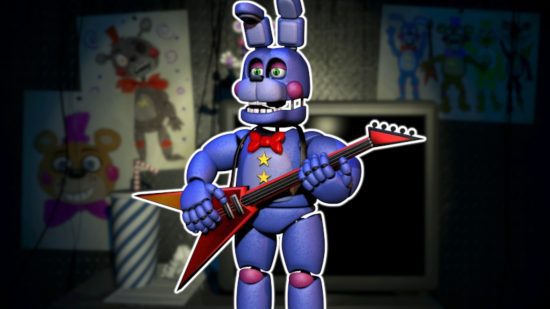 bonnie 5 FNAF Bonnie: Rockstar Bonnie delineada em branco e colada em uma captura de tela borrada da sala de segurança do FNAF 6