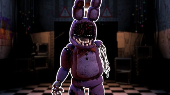 bonnie 3 FNAF Bonnie: Withered Bonnie contornada em branco e colada em uma versão borrada do escritório de segurança da FNAF 2