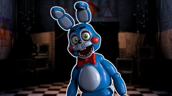 bonnie 2 FNAF Bonnie: Toy Bonnie contornada em branco e colada em uma versão borrada do escritório de segurança da FNAF 2