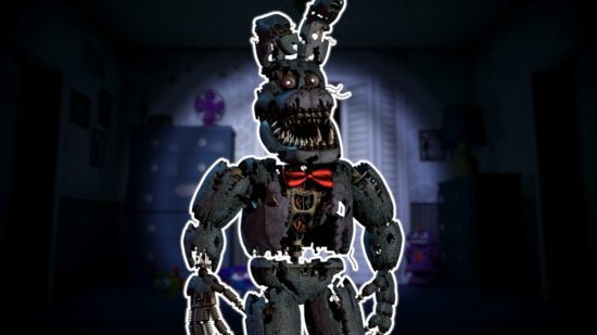 bonnie 4 FNAF Bonnie: Contorno de Nightmare Bonnie em branco e colado em um quarto FNAF 4 levemente desfocado