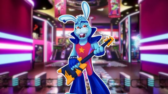 bonnie 6 FNAF Bonnie: Uma versão em desenho animado de Glamrock Bonnie delineada em branco e colada em uma captura de tela borrada do lobby do Mega Pizzaplex