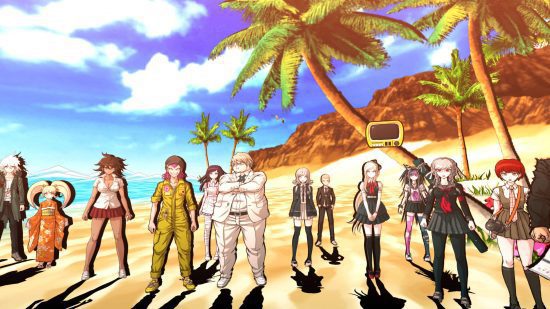 Jogos Danganronpa – uma captura de tela de vários personagens de Danganronpa 2: Goodbye Despair estava em uma praia