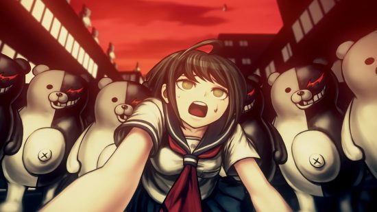 Jogos Danganronpa - um personagem cercado por unidades Monokuma em Danganronpa Another Episode: Ultra Despair Girls