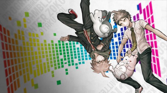 Jogos Danganronpa - arte oficial de Danganronpa 1.2 Reload apresentando dois personagens com Monokuma e Monomi