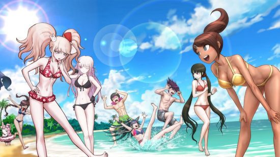Jogos Danganronpa - um grupo de personagens brincando na praia em Danganronpa S: Ultimate Summer Camp