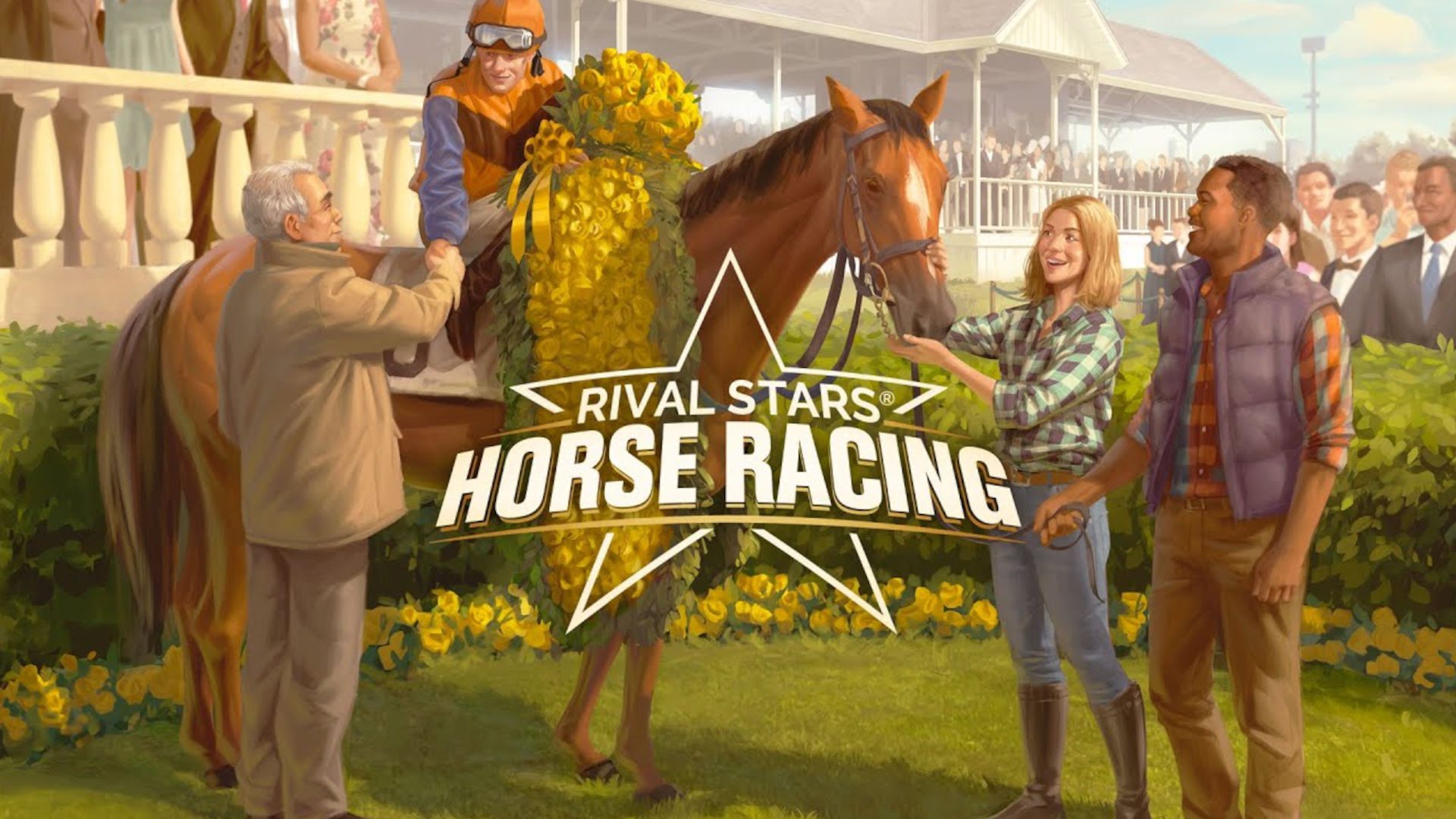 jogos de cavalos-rival-estrelas-corrida de cavalos Arte da capa de Rival Stars Horse Racing com um cavalo vencedor sendo comemorado por um corredor do evento