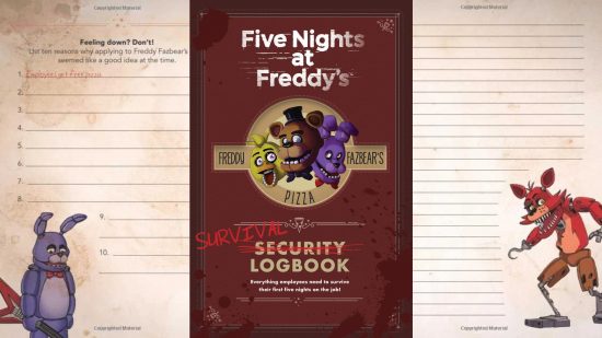 jogos de terror indie-4 Jogos Indie Horror - a capa do FNAF Survival Logbook com duas páginas mostrando Bonnie e Foxy de cada lado