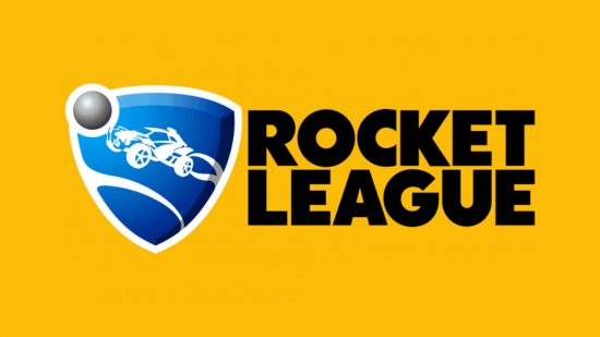 logotipo da Rocket League (1) O logotipo da Rocket League em um fundo amarelo manga. São as palavras Rocket League em uma fonte no estilo Futura, ao lado de um brasão de futebol com um carro voando atrás de uma bola.