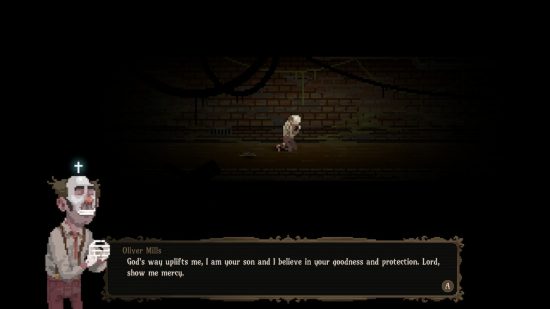 vlad-circus-review-2 Crítica de Vlad Circus: Descend into Madness - Oliver ajoelhado em um túnel e orando