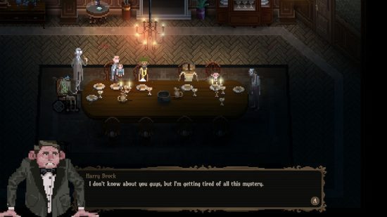 vlad-circus-review-5 Crítica de Vlad Circus: Descend into Madness - o grupo de circo sentado ao redor de uma mesa comendo, enquanto um membro diz que já está farto de mistérios