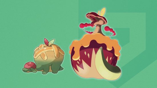 Pokémon Gigantamax Appletun Forma Gigantamax Pokémon Appletun em um fundo temático Pocket Tactics
