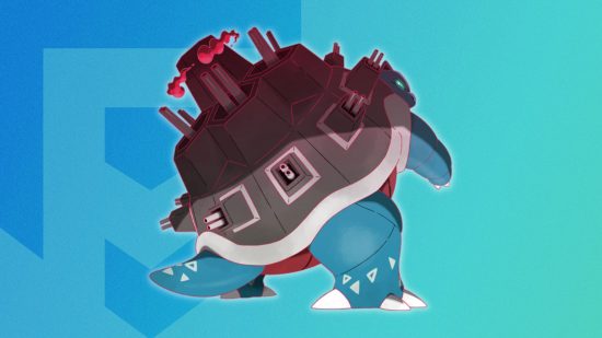 Pokémon Gigantamax Blastoise Gigantamax Pokémon Blastoise se forma em um fundo temático Pocket Tactics