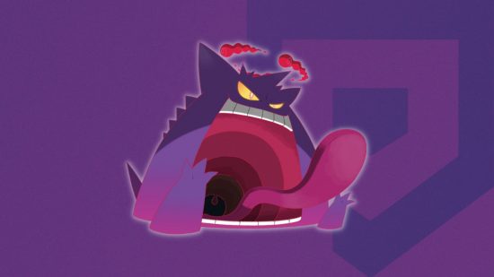 Gengar Pokémon Gigantamax Forma do Pokémon Gigantamax Gengar em um fundo temático do Pocket Tactics