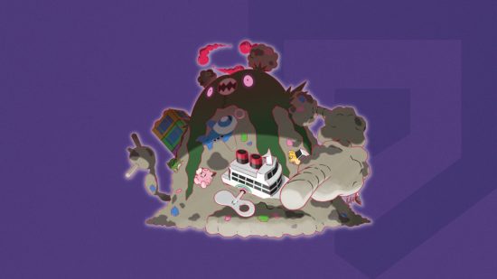 Pokémon Gigantamax Garbodor Forma do Pokémon Gigantamax Garbodor em um fundo temático do Pocket Tactics