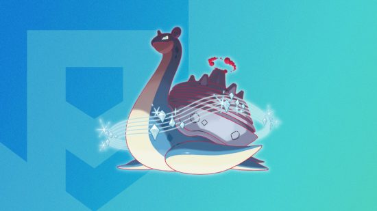 Pokémon Gigantamax Lapras A forma do Pokémon Gigantamax Lapras em um fundo temático do Pocket Tactics