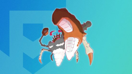 Pokémon Kingler Gigantamax Forma do Pokémon Gigantamax Kingler em um fundo temático do Pocket Tactics