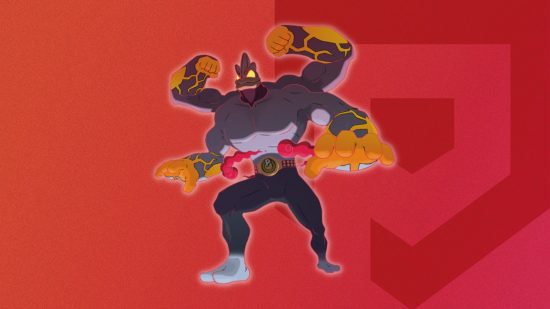 Pokémon Gigantamax Machamp Forma do Pokémon Gigantamax Machamp em um fundo temático do Pocket Tactics