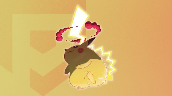 Pokémon Gigantamax Pikachu Forma do Pokémon Pikachu Gigantamax em um fundo temático do Pocket Tactics