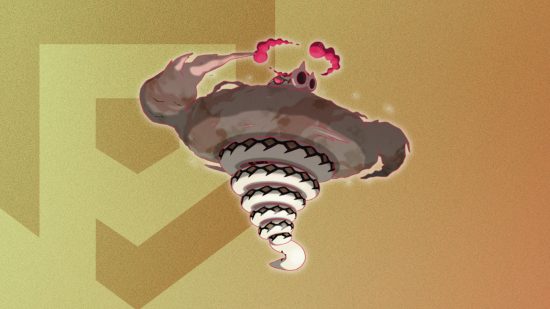 Pokémon Sandaconda Gigantamax A forma do Pokémon Gigantamax Sandaconda em um fundo temático do Pocket Tactics