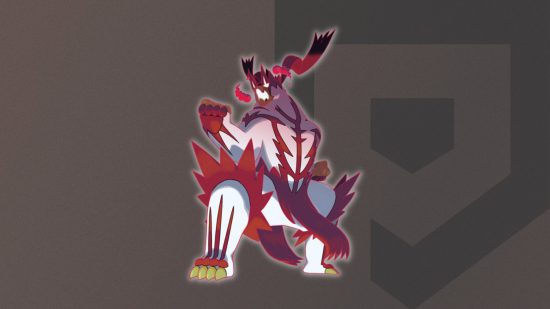 Ataque rápido do Pokémon Gigantamax Urshifu Forma de ataque rápido do Pokémon Gigantamax Urshifu em um fundo temático do Pocket Tactics