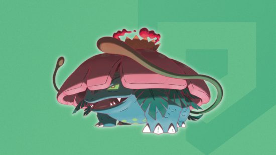 Pokémon Gigantamax Venusaur Forma do Pokémon Gigantamax Venusaur em um fundo temático do Pocket Tactics