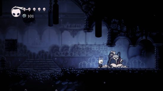revisão do cavaleiro oco (8) Crítica de Hollow Knight: O Cavaleiro está ao lado de um cartógrafo parecido com um inseto chamado Cornifer