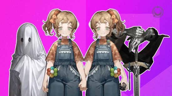 reverso do espírito dos personagens de 1999 Personagens reversos de 1999: Twins Sleep, A Knight e Poltergeist contornados em branco e colados em um fundo roxo PT com o ícone Spirit no canto superior direito