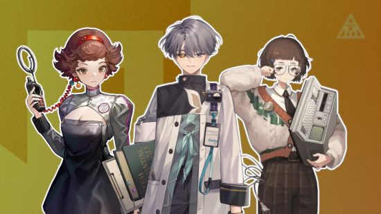 intelecto de personagens reverso de 1999 Personagens reverso de 1999: X, Mesmer Jr e John Titor contornados em branco e colados em um fundo PT amarelo dourado com o ícone do intelecto no canto superior direito