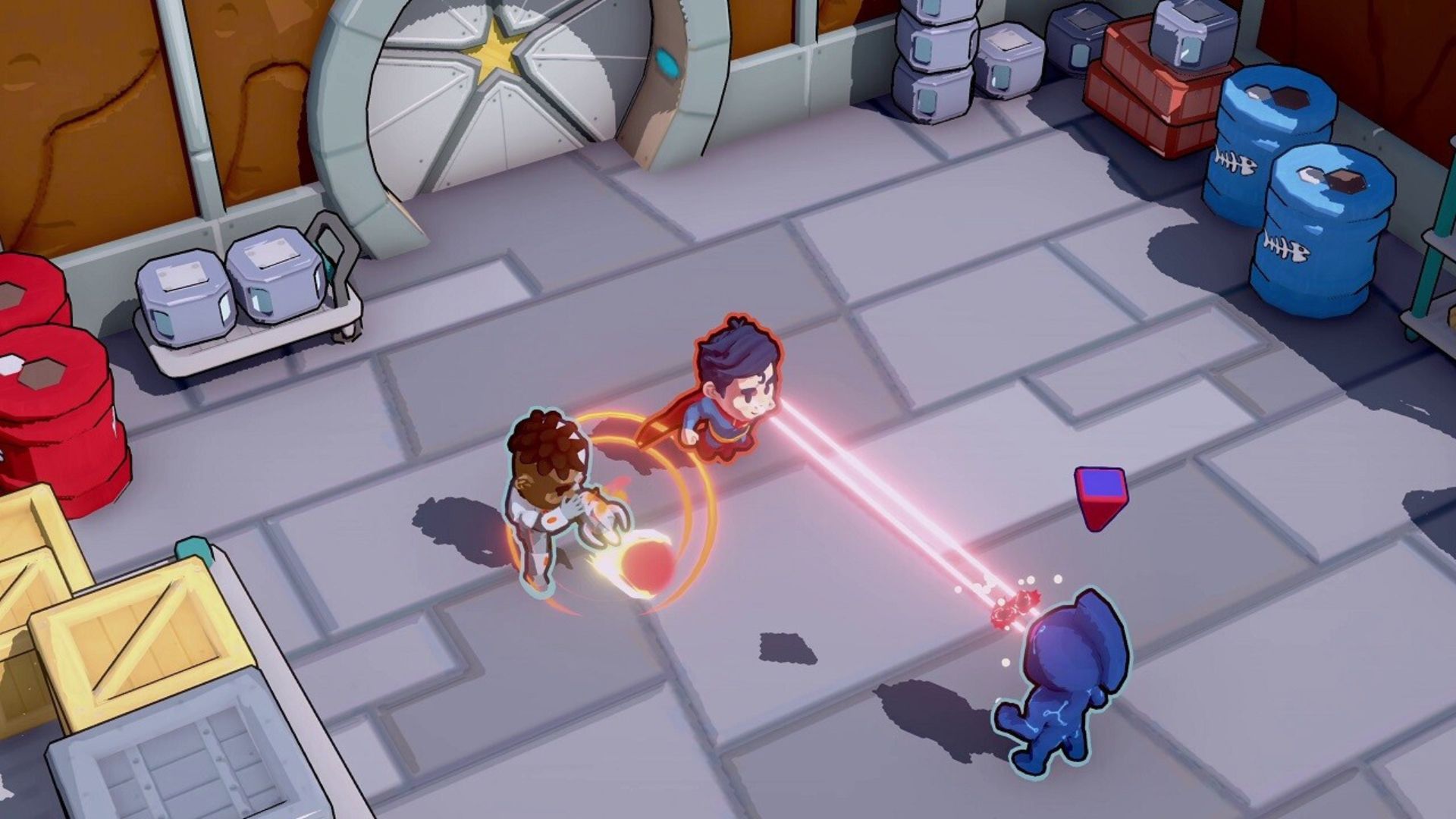 batman-jogos-5 Jogos do Batman - visão isométrica de desenho animado do super-homem disparando olhos de laser em uma figura azul.