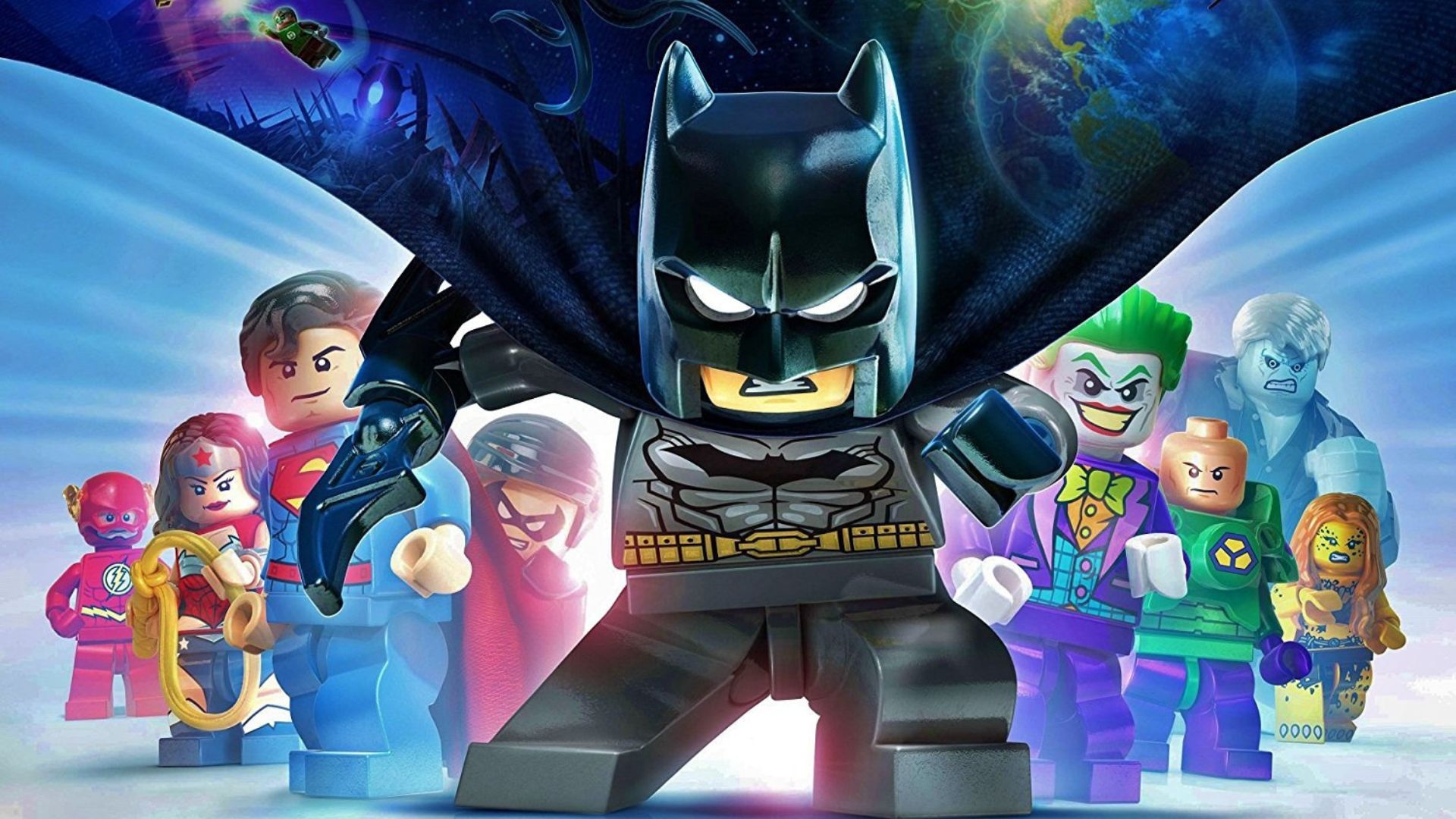 batman-jogos-6 Jogos do Batman - Lego Batman na frente de um triângulo de aliados e inimigos - Superman, Flash, Mulher Maravilha, Coringa e muito mais