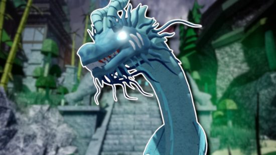missão da masmorra yokai pico 1 Dungeon Quest Yokai Peak: O dragão azul, Tatsu Lord of Tides, delineado em branco e colado em uma captura de tela borrada do Yokai Peak